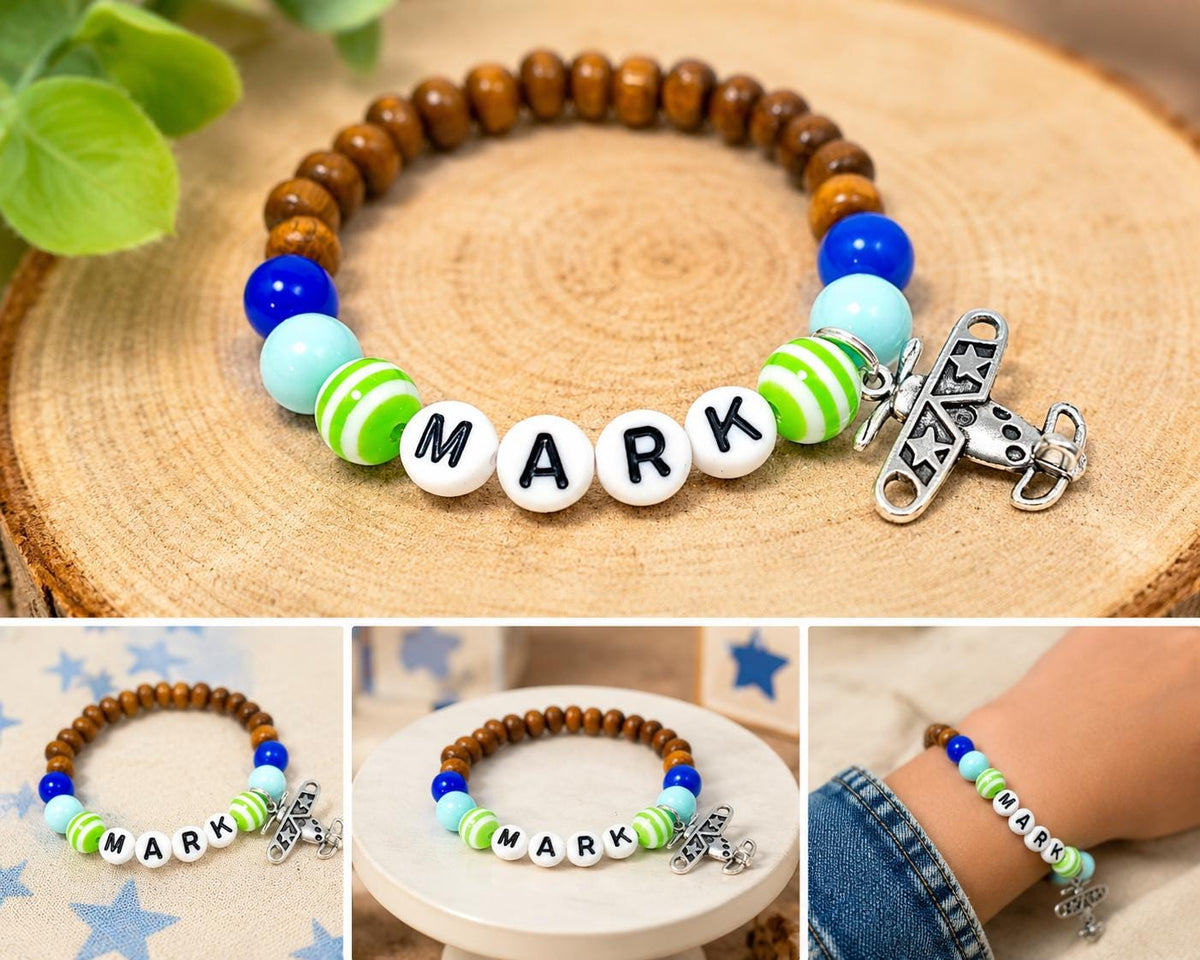 Personalized Airplane Bracelet for Boys, Custom Name Bracelet, Airplane/travel Birthday Gift, Toddler Bracelet, Kids Wood Bead Bracelet,