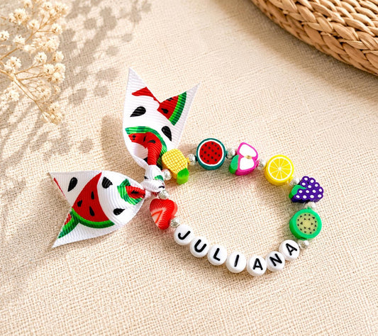 Personalized Fruit Bracelet for Girls | Custom Name Bracelet | Polymer Clay Fruit Beads | Summer Kids Jewelry | Tropical Birthday Gift