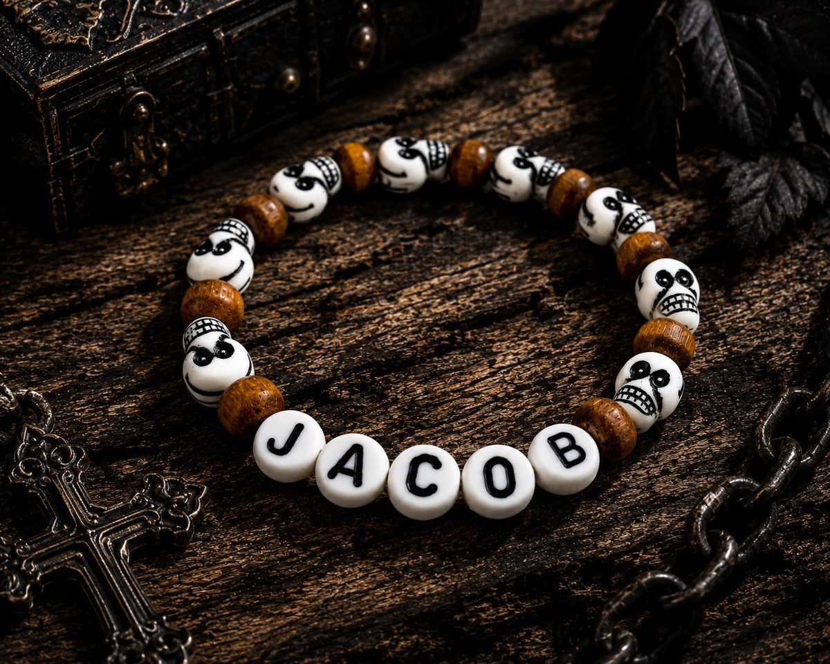 Personalized Skull Bracelet for Boys | Custom Name Halloween Bracelet | Gothic Toddler Bracelet | Spooky Party Favor | Skull Bead Jewelry