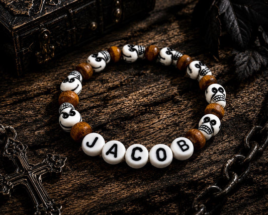 Personalized Skull Bracelet for Boys | Custom Name Halloween Bracelet | Gothic Toddler Bracelet | Spooky Party Favor | Skull Bead Jewelry