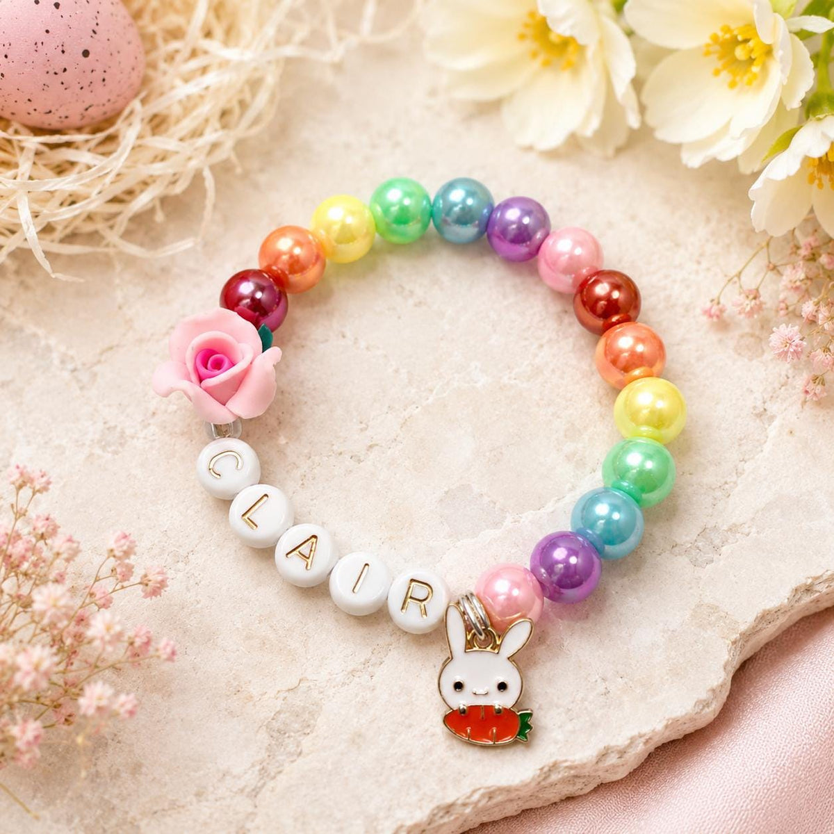 Personalized Easter Bunny Bracelet for Girls | Custom Name Bracelet | Bunny Charm Jewelry | Easter Basket Stuffer | Spring Gift for Kids