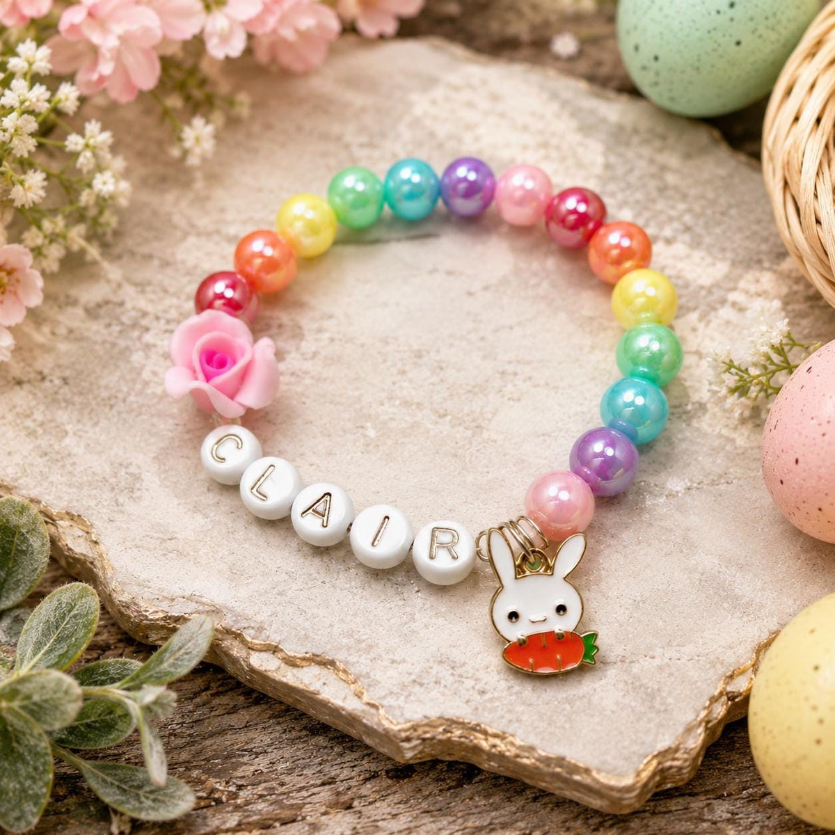 Personalized Easter Bunny Bracelet for Girls | Custom Name Bracelet | Bunny Charm Jewelry | Easter Basket Stuffer | Spring Gift for Kids