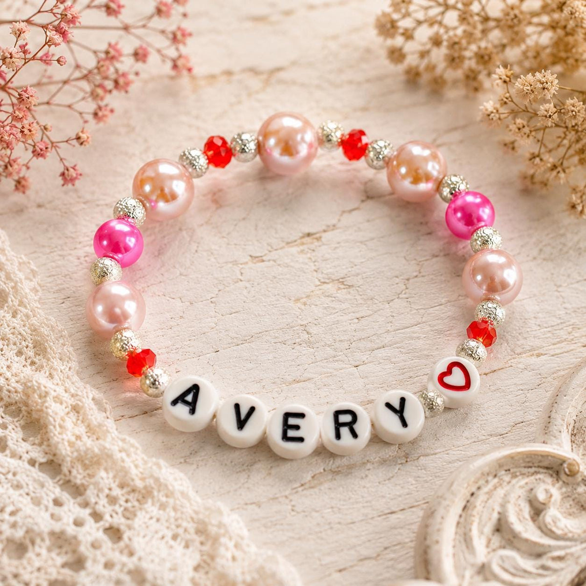 Personalized Valentine’s Bracelet for Girls | Custom Name Heart Bracelet | Kids Pink Pearl Bracelet | Valentine’s Day Gift for Daughter