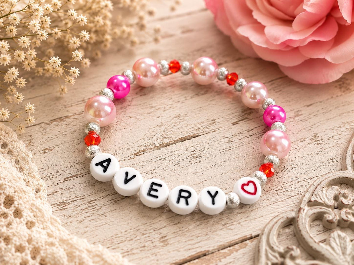 Personalized Valentine’s Bracelet for Girls | Custom Name Heart Bracelet | Kids Pink Pearl Bracelet | Valentine’s Day Gift for Daughter