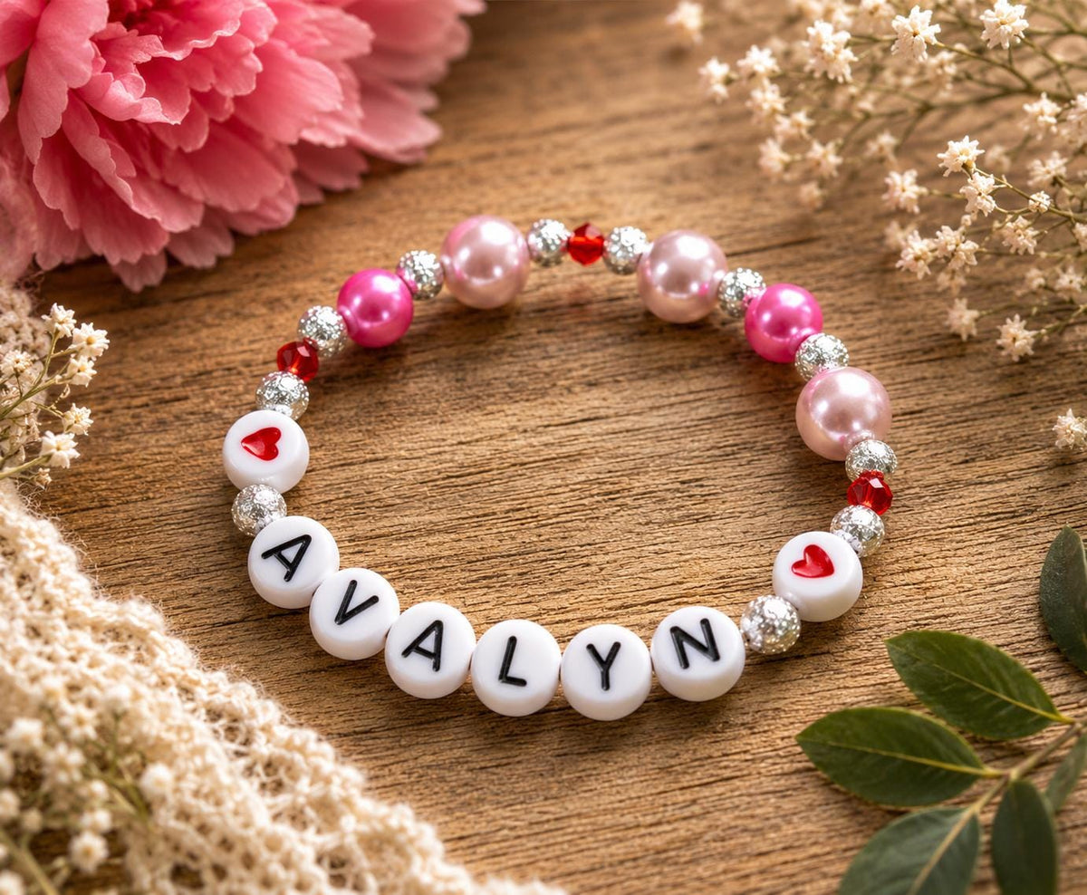 Personalized Valentine’s Day Gift for Girls | Customized Heart Bracelet | Girls Pink Pearl Bracelet | Galentine’s Day Gift for Kids