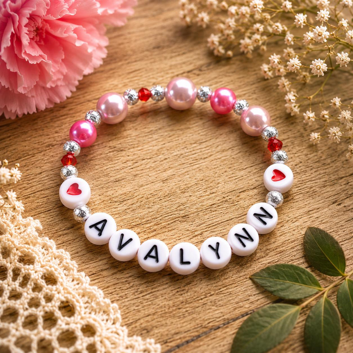 Personalized Valentine’s Day Gift for Girls | Customized Heart Bracelet | Girls Pink Pearl Bracelet | Galentine’s Day Gift for Kids