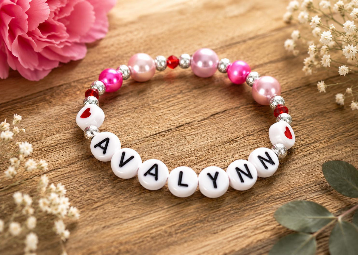 Personalized Valentine’s Day Gift for Girls | Customized Heart Bracelet | Girls Pink Pearl Bracelet | Galentine’s Day Gift for Kids