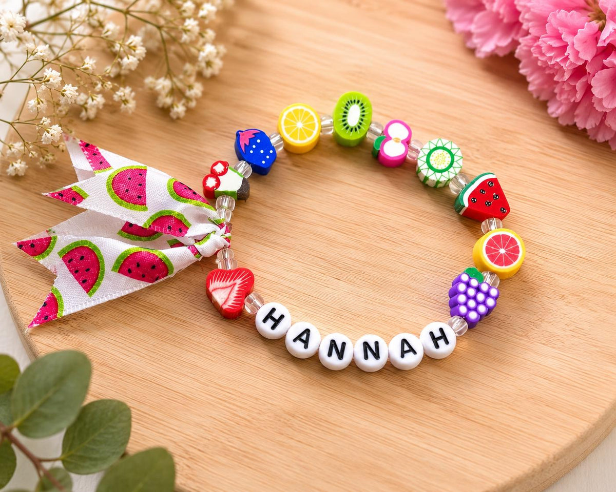 Personalized Fruit Bracelet for Girls | Custom Name Bracelet | Polymer Clay Fruit Beads | Summer Kids Jewelry | Tropical Birthday Gift