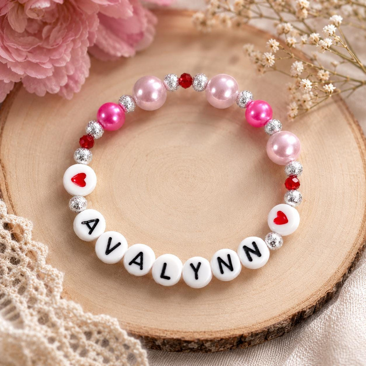 Personalized Valentine’s Day Gift for Girls | Customized Heart Bracelet | Girls Pink Pearl Bracelet | Galentine’s Day Gift for Kids