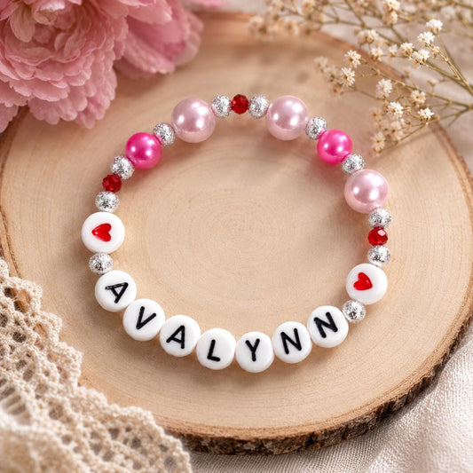 Personalized Valentine’s Day Gift for Girls | Customized Heart Bracelet | Girls Pink Pearl Bracelet | Galentine’s Day Gift for Kids