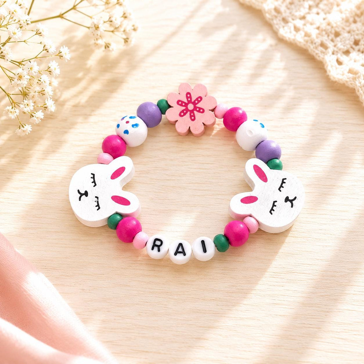 Personalized Bunny Jewelry Set for Girls, Custom Name Necklace and Bracelet, Kids Bunny Gift, Toddler Jewelry, Handmade Birthday Present