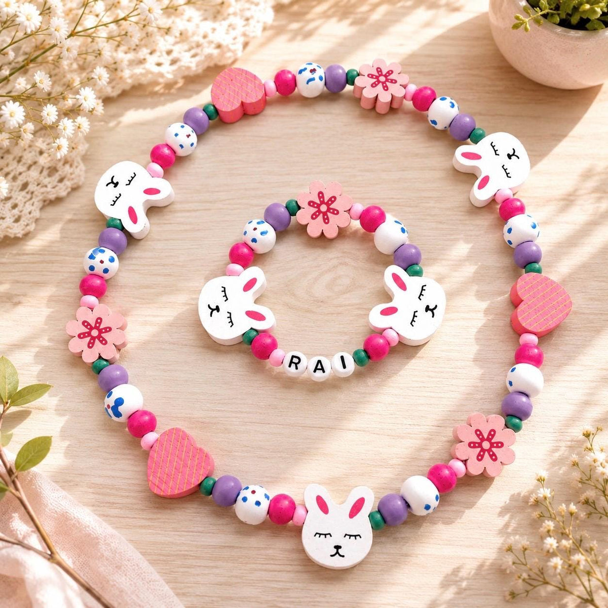 Personalized Bunny Jewelry Set for Girls, Custom Name Necklace and Bracelet, Kids Bunny Gift, Toddler Jewelry, Handmade Birthday Present