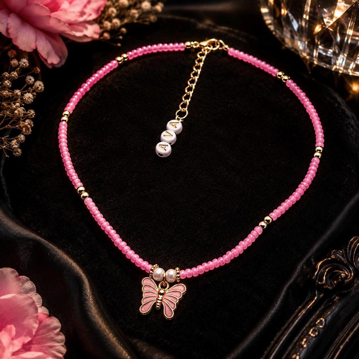 Personalized Butterfly Necklace for Girls, Custom Name Necklace, Kids Beaded Necklace, Butterfly Charm Jewelry, Birthday Gift for Daughter