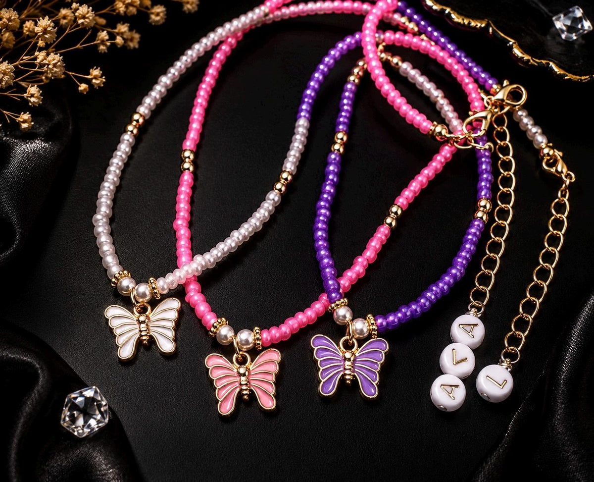 Personalized Butterfly Necklace for Girls, Custom Name Necklace, Kids Beaded Necklace, Butterfly Charm Jewelry, Birthday Gift for Daughter