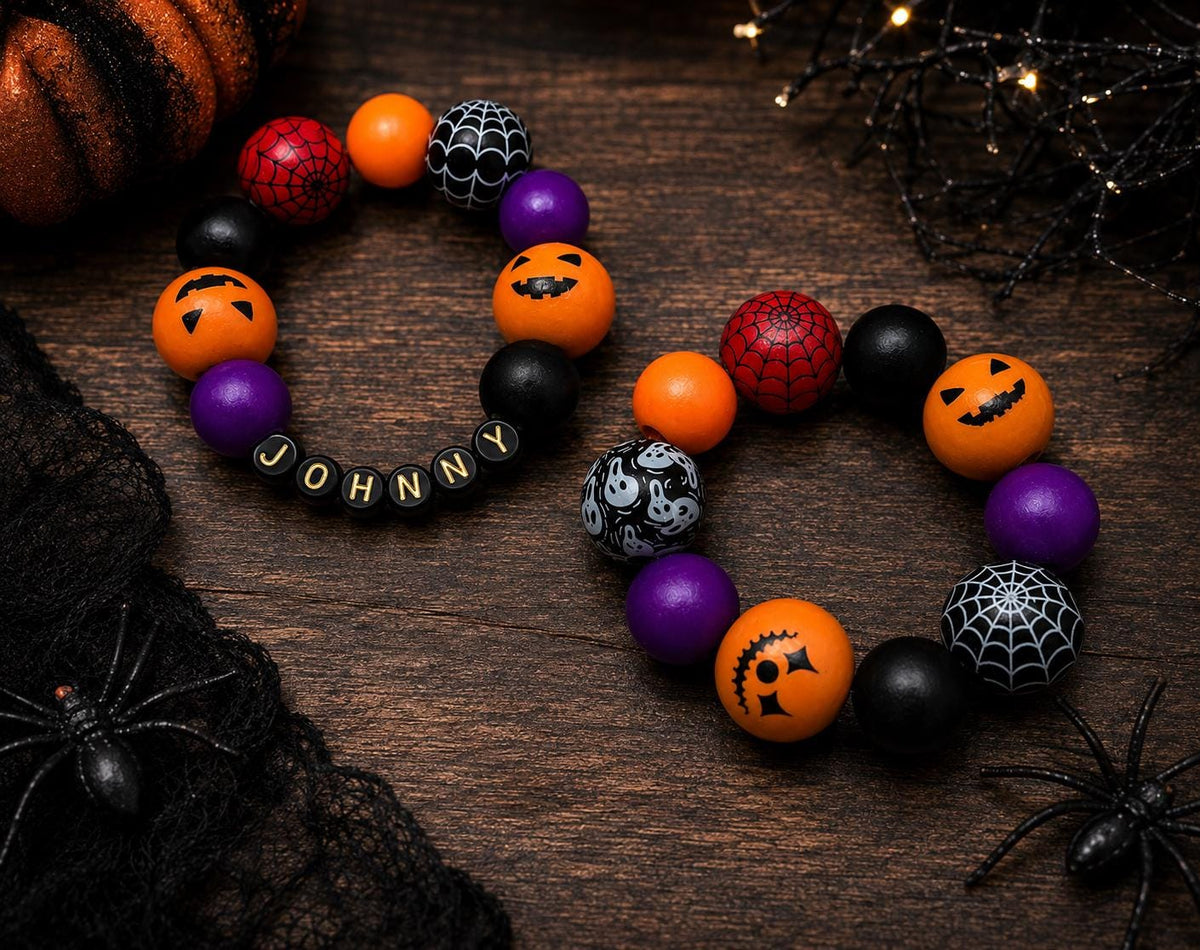 Personalized Halloween Wood Bead Bracelet, Chunky Wooden Beads, Kids & Adult Halloween Bracelet, Unisex Spooky Jewelry