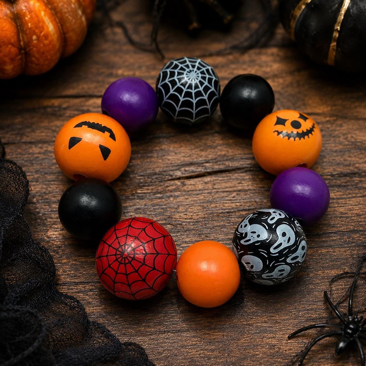 Personalized Halloween Wood Bead Bracelet, Chunky Wooden Beads, Kids & Adult Halloween Bracelet, Unisex Spooky Jewelry