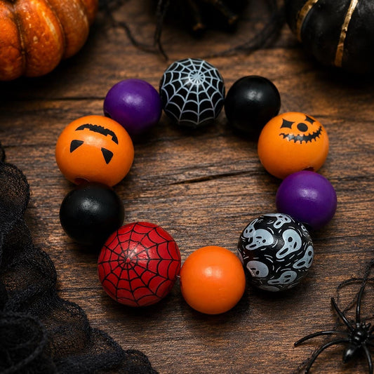 Personalized Halloween Wood Bead Bracelet, Chunky Wooden Beads, Kids & Adult Halloween Bracelet, Unisex Spooky Jewelry