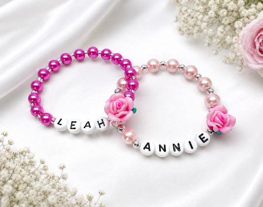 Personalized Toddler Flower Bracelet | Custom Name Bracelet for Girls | Pink Pearl Beaded Bracelet | Birthday Gift | Flower Girl Jewelry