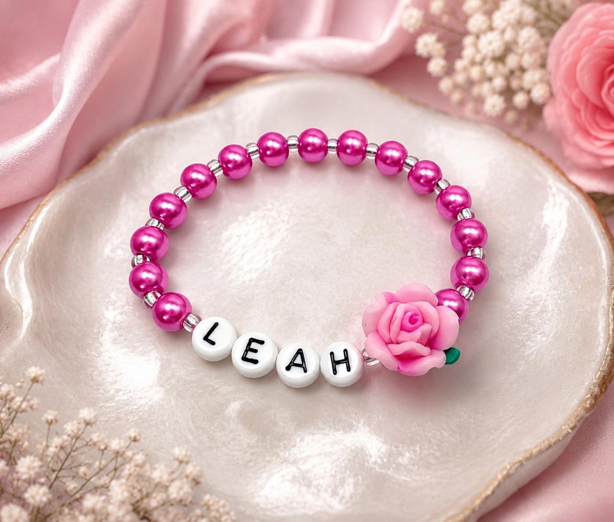 Personalized Toddler Flower Bracelet | Custom Name Bracelet for Girls | Pink Pearl Beaded Bracelet | Birthday Gift | Flower Girl Jewelry