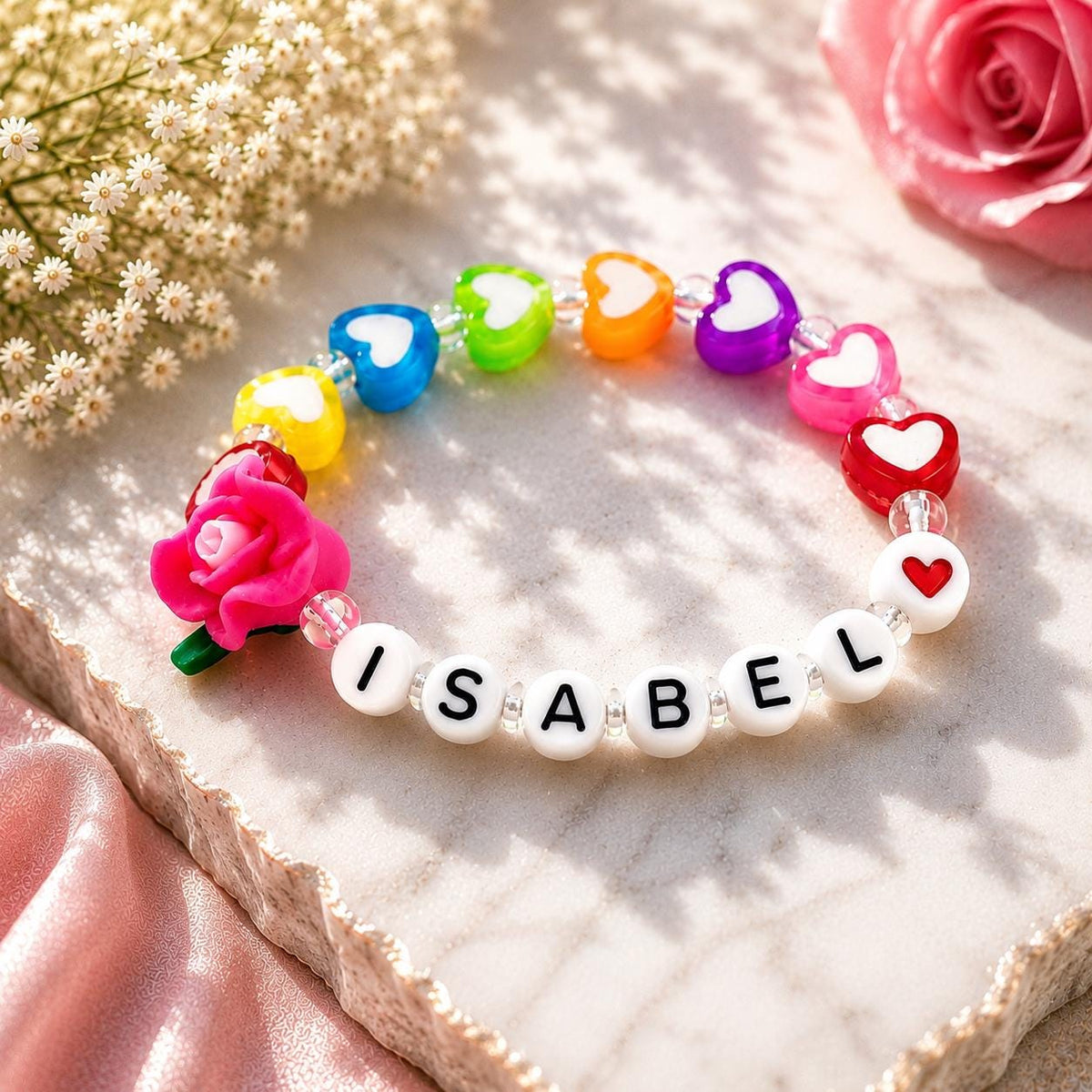 Personalized Girls Bracelet | Custom Name Bracelet | Rainbow Heart Bracelet | Flower Bracelet | Toddler Kids Gift | Handmade Beaded Bracelet