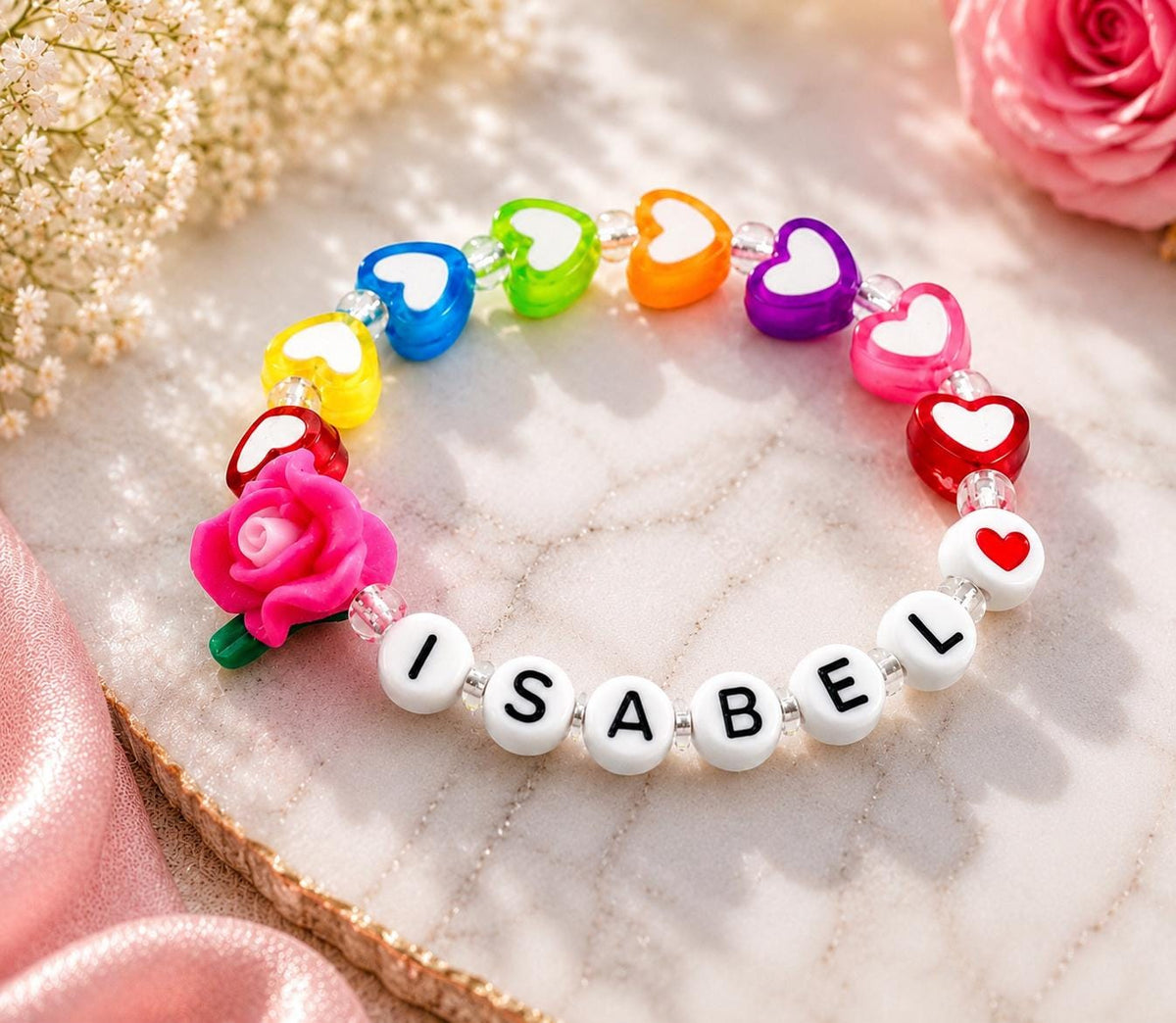 Personalized Girls Bracelet | Custom Name Bracelet | Rainbow Heart Bracelet | Flower Bracelet | Toddler Kids Gift | Handmade Beaded Bracelet