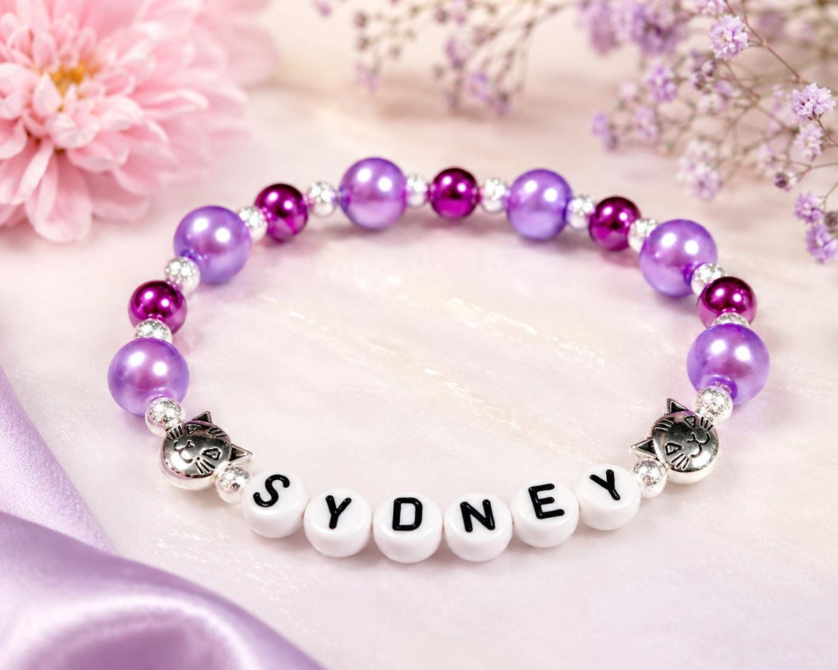 Personalized Rainbow Cat Bracelet | Custom Name Bracelet for Kids | Colorful Toddler Bracelet | Cat Lover Gift | Birthday Gift for Girls