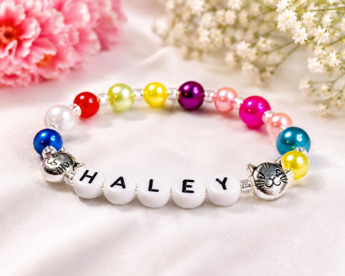 Personalized Rainbow Cat Bracelet | Custom Name Bracelet for Kids | Colorful Toddler Bracelet | Cat Lover Gift | Birthday Gift for Girls
