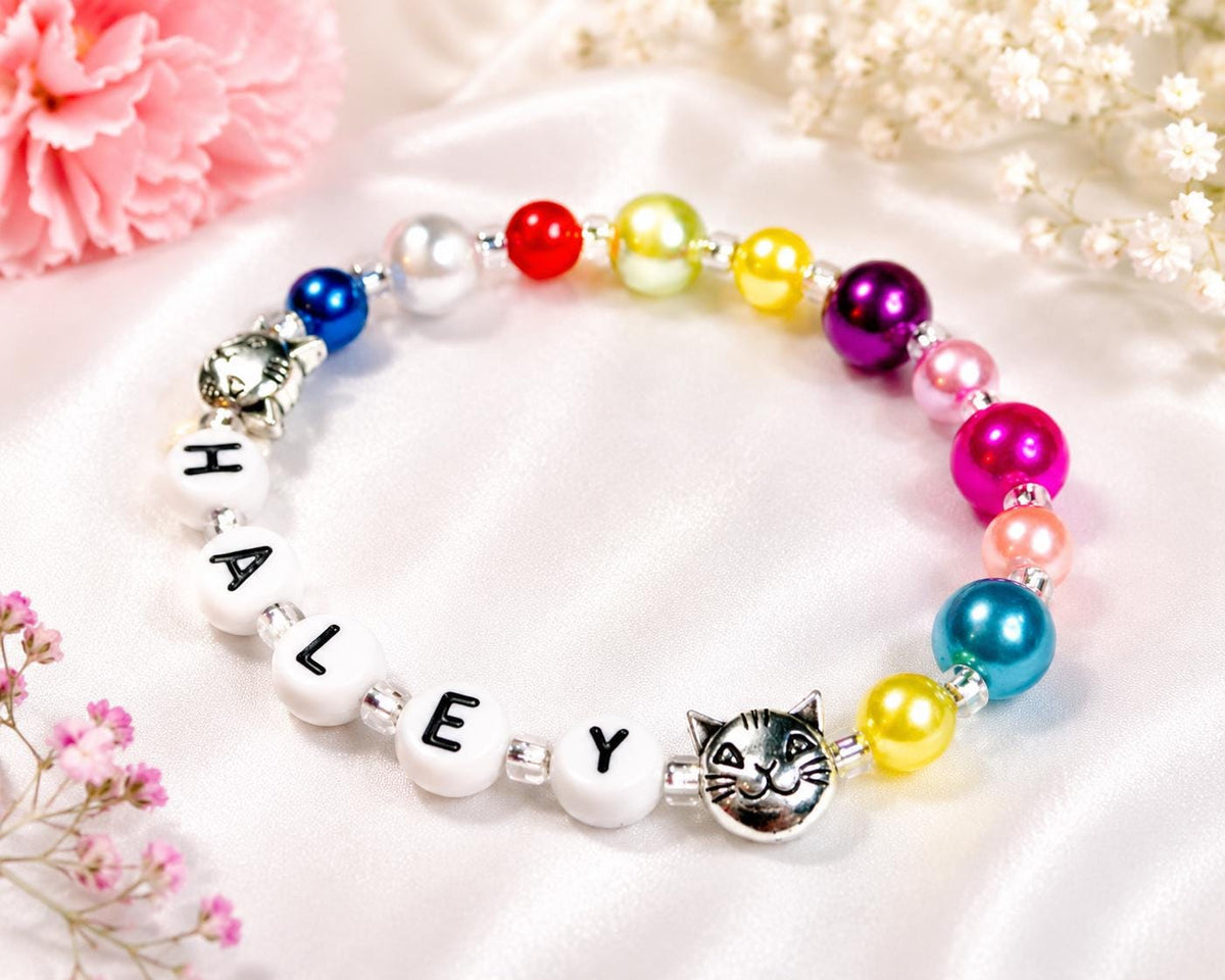 Personalized Rainbow Cat Bracelet | Custom Name Bracelet for Kids | Colorful Toddler Bracelet | Cat Lover Gift | Birthday Gift for Girls