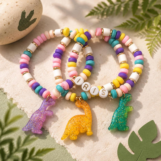Personalized Dinosaur Bracelet for Girls | Custom Name Bracelet | Toddler Girl Jewelry | Dino Birthday Gift | Handmade Kids Bracelet