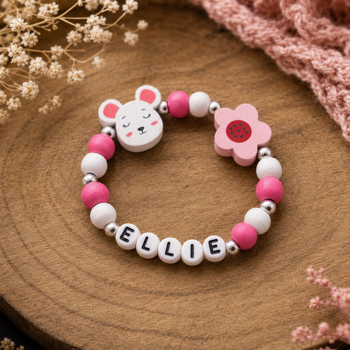 Personalized Mouse Necklace & Bracelet Set for Girls | Custom Name Jewelry | Wooden Bead Kids Jewelry | Flower Jewelry | Birthday Gift