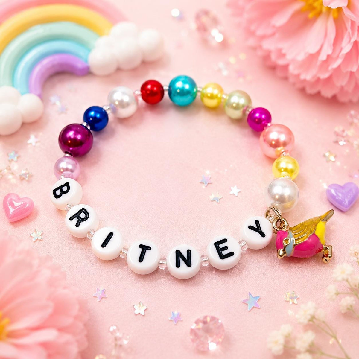 Personalized Rainbow Bird Bracelet for Girls | Custom Name Colorful Pearl Beaded Bracelet | Kids Jewelry | Toddler Birthday Gift | Handmade