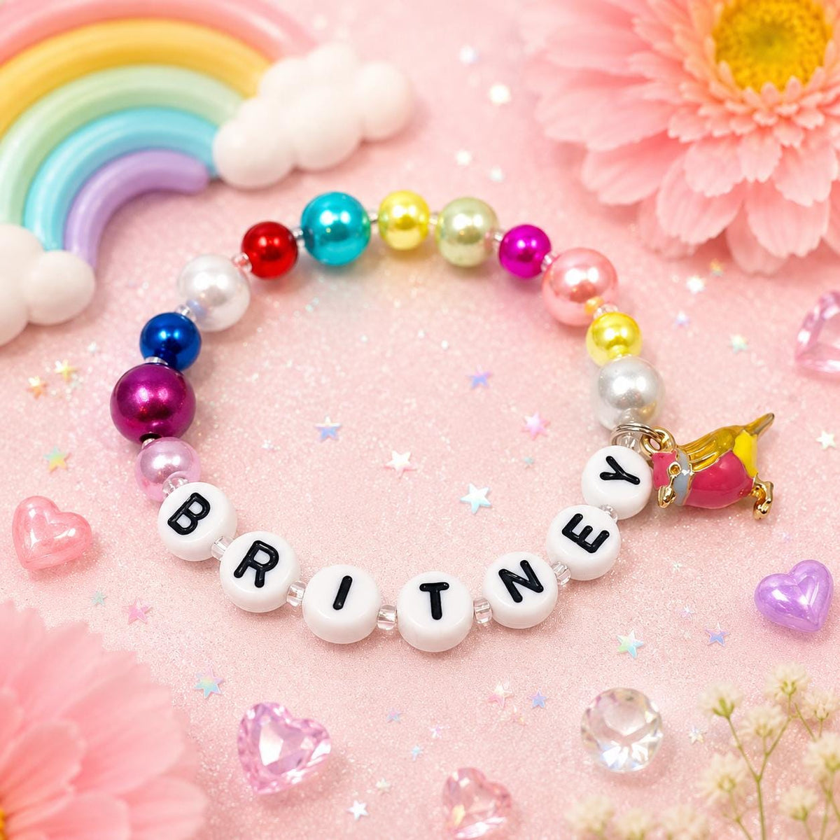 Personalized Rainbow Bird Bracelet for Girls | Custom Name Colorful Pearl Beaded Bracelet | Kids Jewelry | Toddler Birthday Gift | Handmade