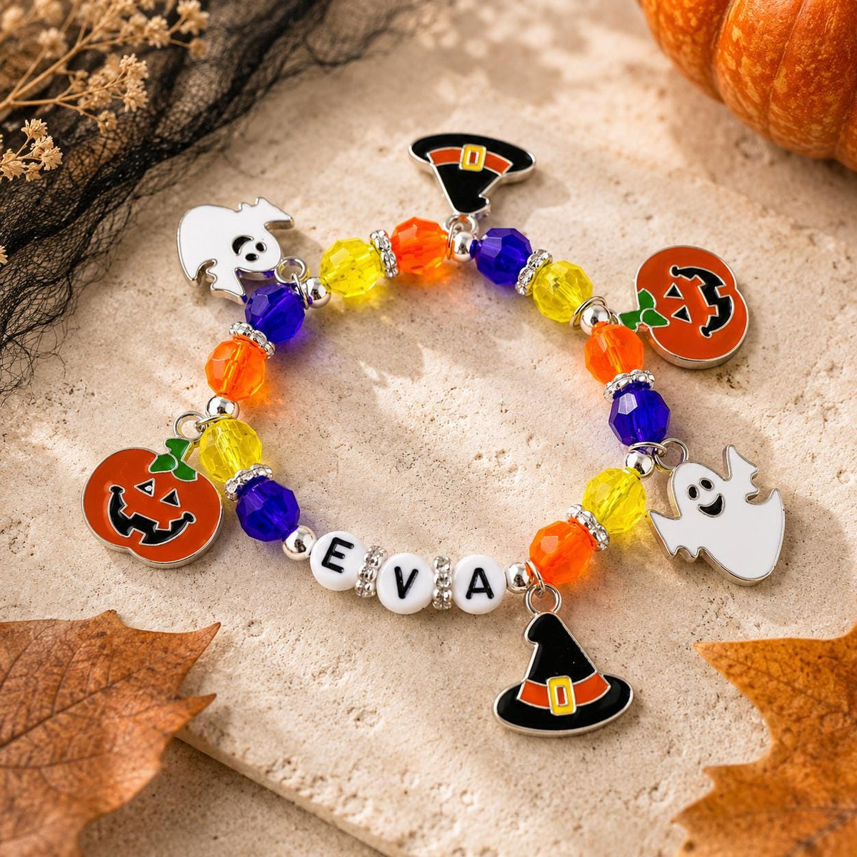 Personalized Halloween Kids Bracelet | Custom Name Halloween Charm Bracelet | Toddler Boo Basket Filler | Fall Jewelry