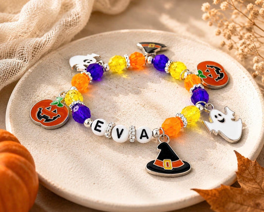 Personalized Halloween Kids Bracelet | Custom Name Halloween Charm Bracelet | Toddler Boo Basket Filler | Fall Jewelry