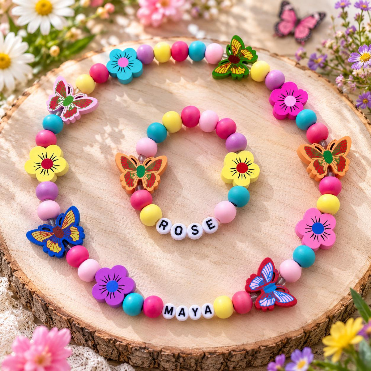 Personalized Girls Necklace & Bracelet Set | Flower Butterfly Girls Jewelry | Colorful Pastel Wooden Set | Toddler Gift | Birthday Present