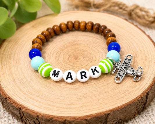 Personalized Airplane Bracelet for Boys, Custom Name Bracelet, Airplane/travel Birthday Gift, Toddler Bracelet, Kids Wood Bead Bracelet,