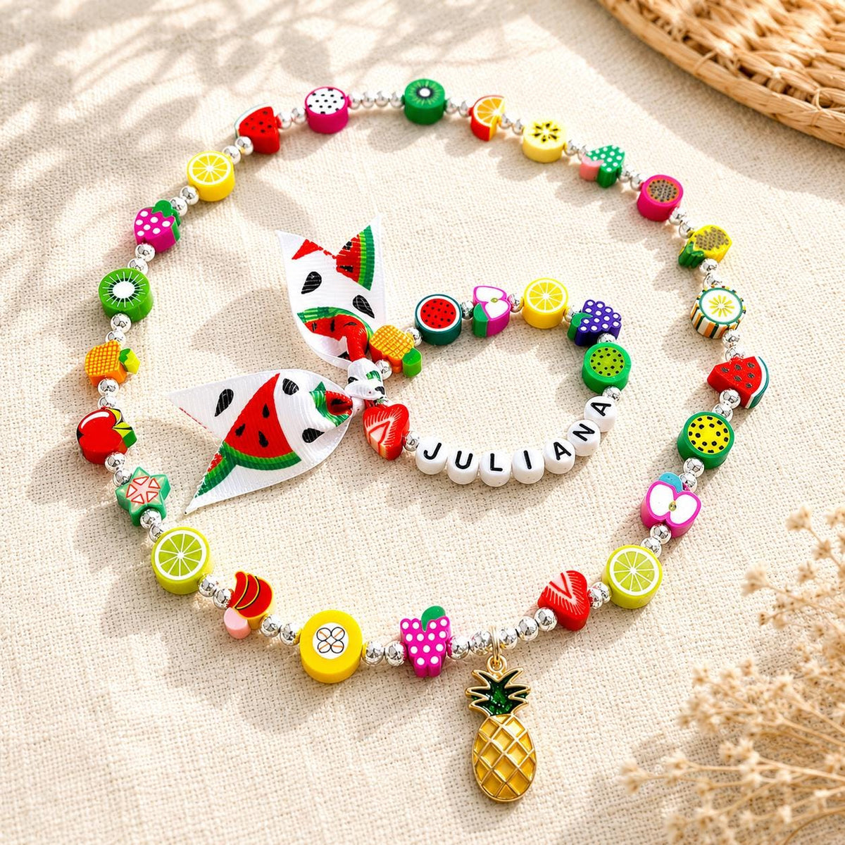 Personalized Fruit Jewelry Set for Girls | Custom Name Necklace & Bracelet | Polymer Clay Fruit Beads | Kids Summer Jewelry | Birthday Gift