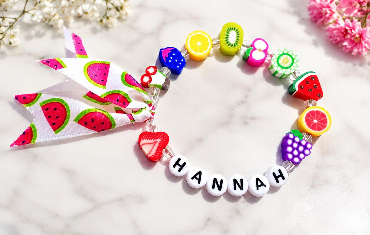Personalized Fruit Jewelry Set for Girls | Custom Name Necklace & Bracelet | Polymer Clay Fruit Beads | Kids Summer Jewelry | Birthday Gift
