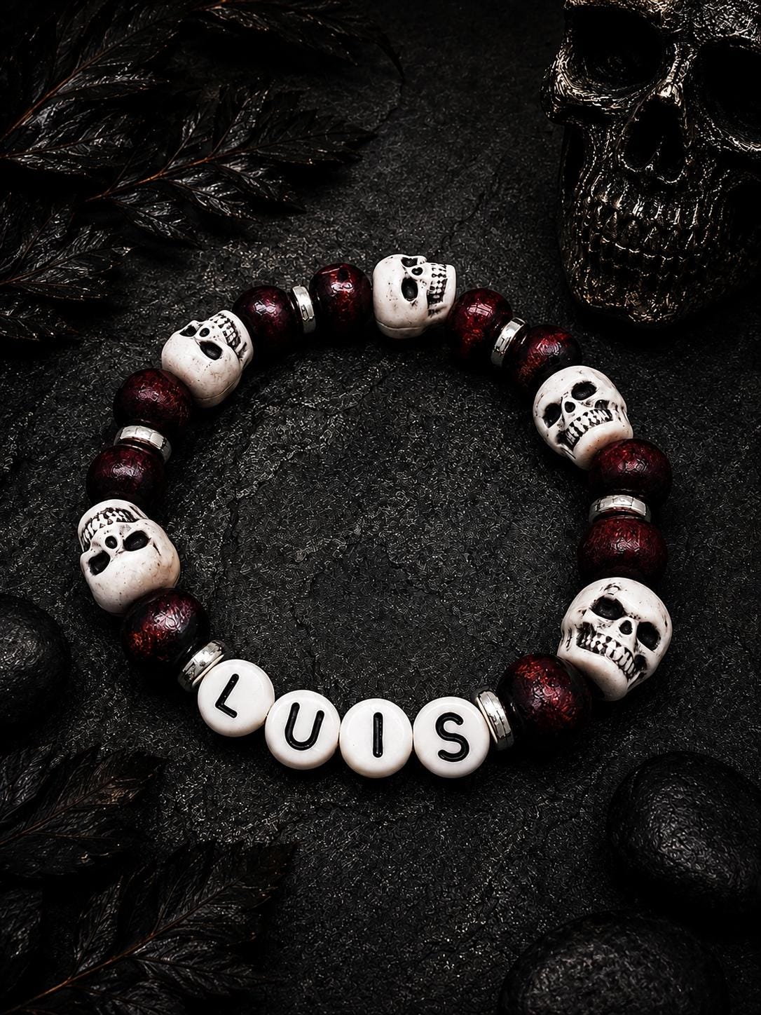 Personalized Skull Bracelet for Kids | Custom Name Bracelet | Gothic Halloween Jewelry | Boys Bracelet | Skull Gift for Kids