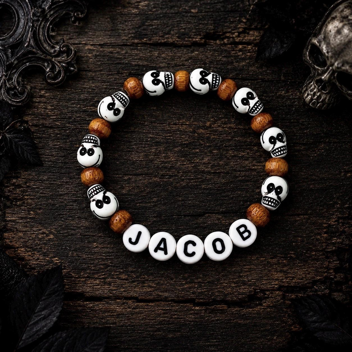 Personalized Skull Bracelet for Boys | Custom Name Halloween Bracelet | Gothic Toddler Bracelet | Spooky Party Favor | Skull Bead Jewelry
