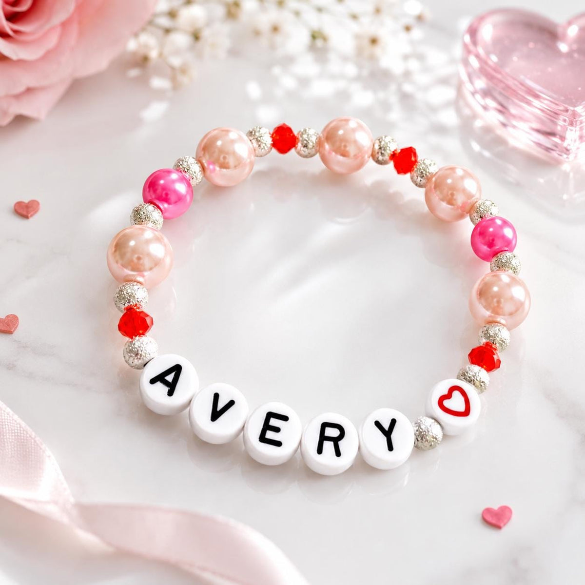 Personalized Valentine’s Bracelet for Girls | Custom Name Heart Bracelet | Kids Pink Pearl Bracelet | Valentine’s Day Gift for Daughter