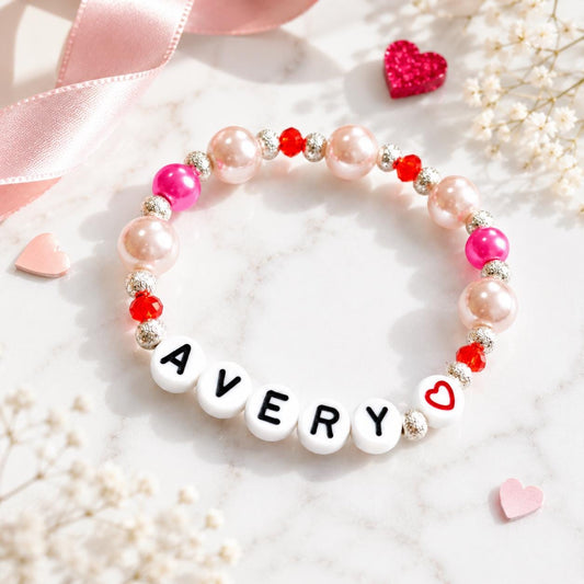 Personalized Valentine’s Bracelet for Girls | Custom Name Heart Bracelet | Kids Pink Pearl Bracelet | Valentine’s Day Gift for Daughter
