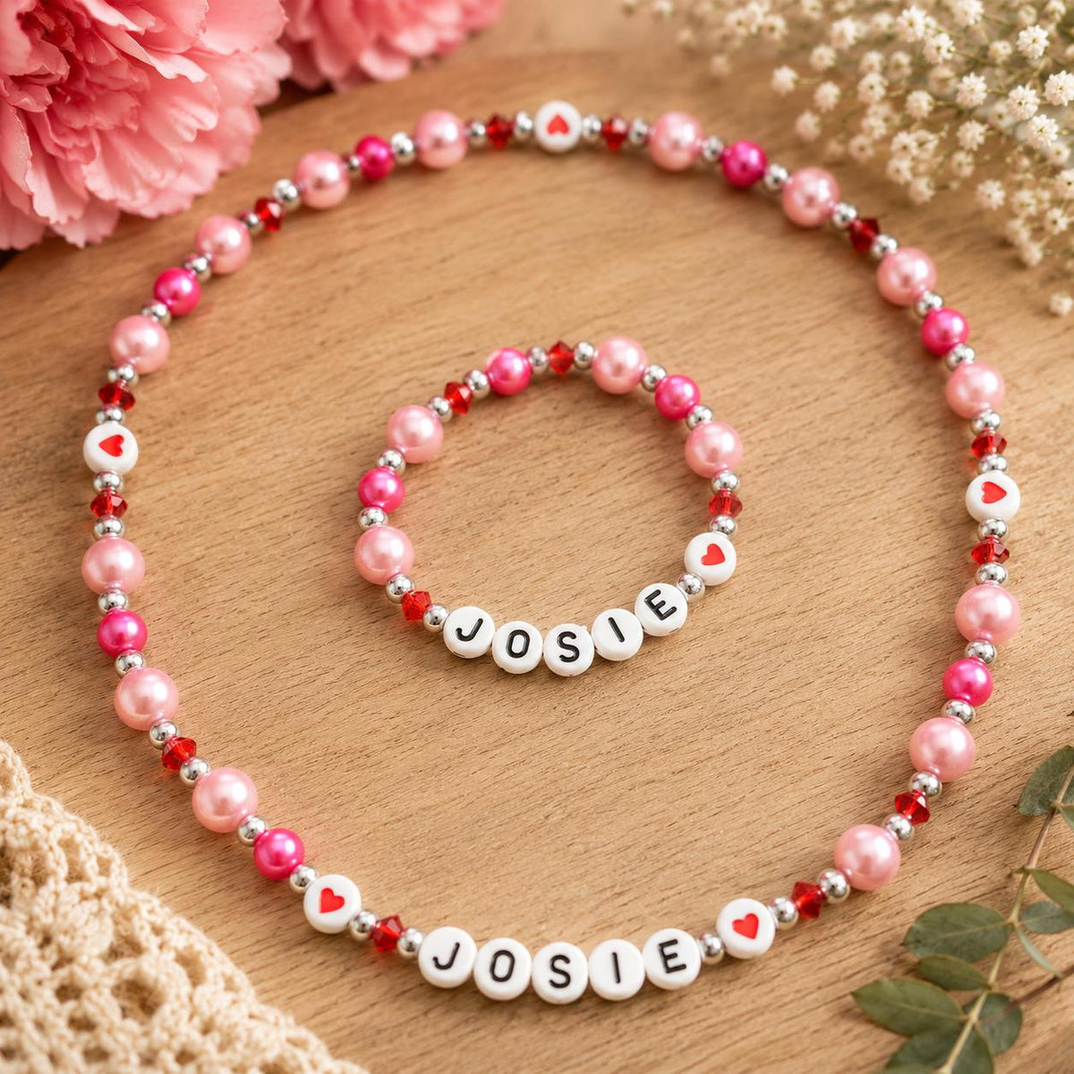 Personalized Valentine’s Bracelet for Girls | Custom Name Heart Bracelet | Kids Pink Pearl Bracelet | Valentine’s Day Gift for Daughter