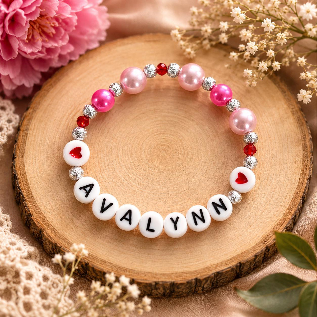 Personalized Valentine’s Day Gift for Girls | Customized Heart Bracelet | Girls Pink Pearl Bracelet | Galentine’s Day Gift for Kids