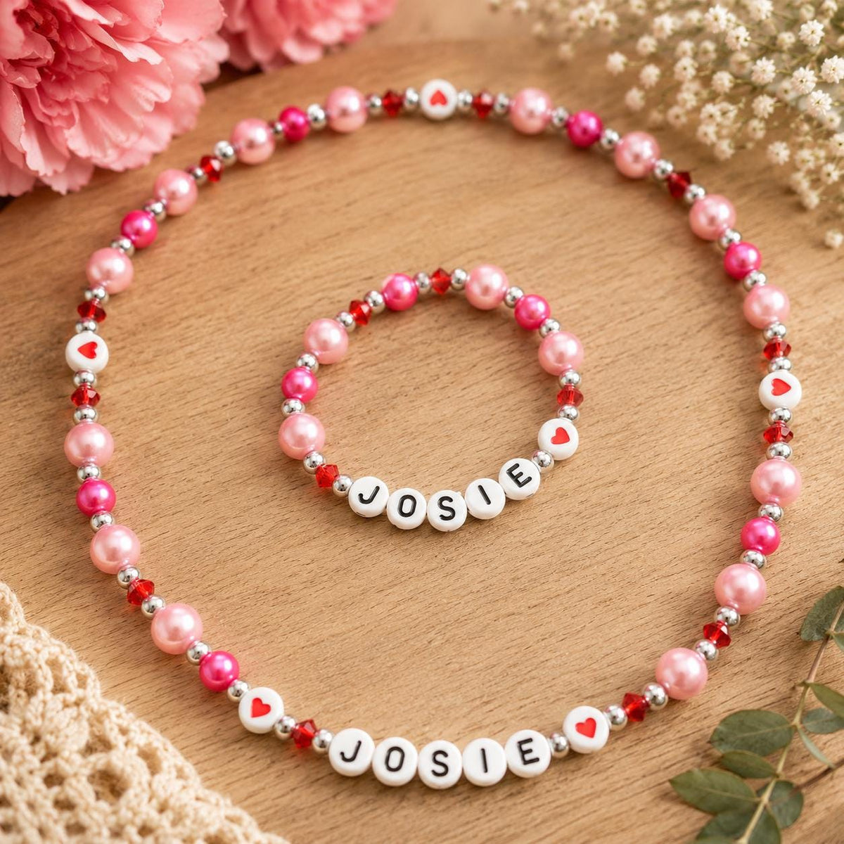 Personalized Valentine’s Day Gift for Girls | Customized Heart Bracelet | Girls Pink Pearl Bracelet | Galentine’s Day Gift for Kids