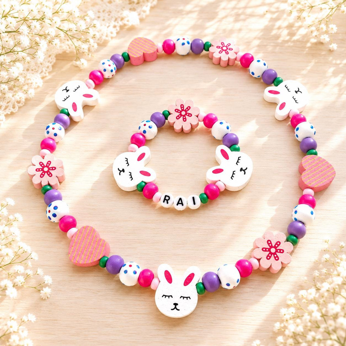Personalized Bunny Jewelry Set for Girls, Custom Name Necklace and Bracelet, Kids Bunny Gift, Toddler Jewelry, Handmade Birthday Present
