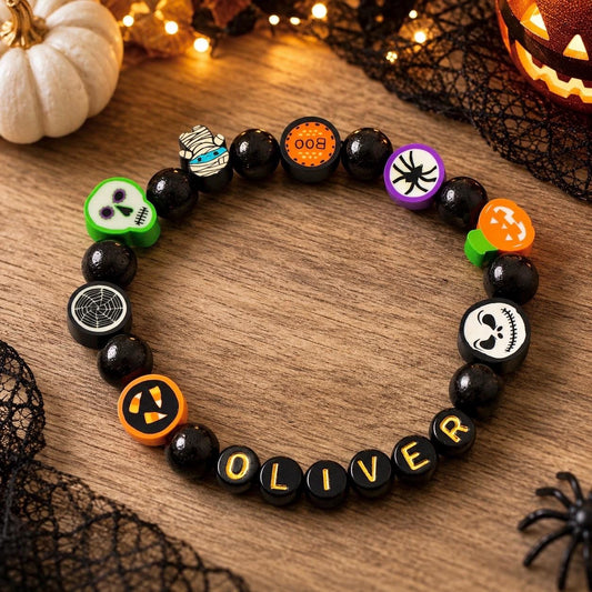 Custom Halloween Bracelet for Kids | Personalized Children's Name Bracelet | Toddler Black Halloween Jewelry | Spooky Party Favors