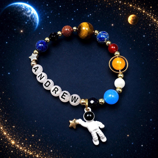 Personalized Glow in the Dark Space Bracelet, Custom Name Astronaut Bracelet for Kids, Solar System Gemstone Birthday Gift for Boys