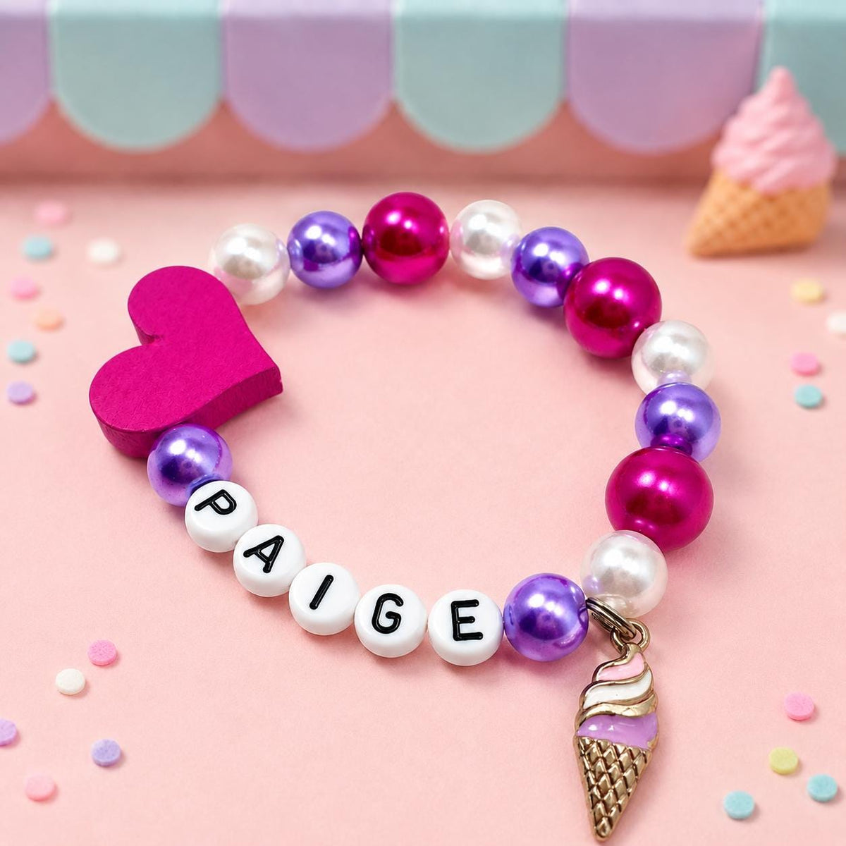 Personalized Ice Cream Bracelet for Girls, Custom Name Kids Bracelet, Pink Purple Pearl Beaded Bracelet, Sweet Birthday Gift