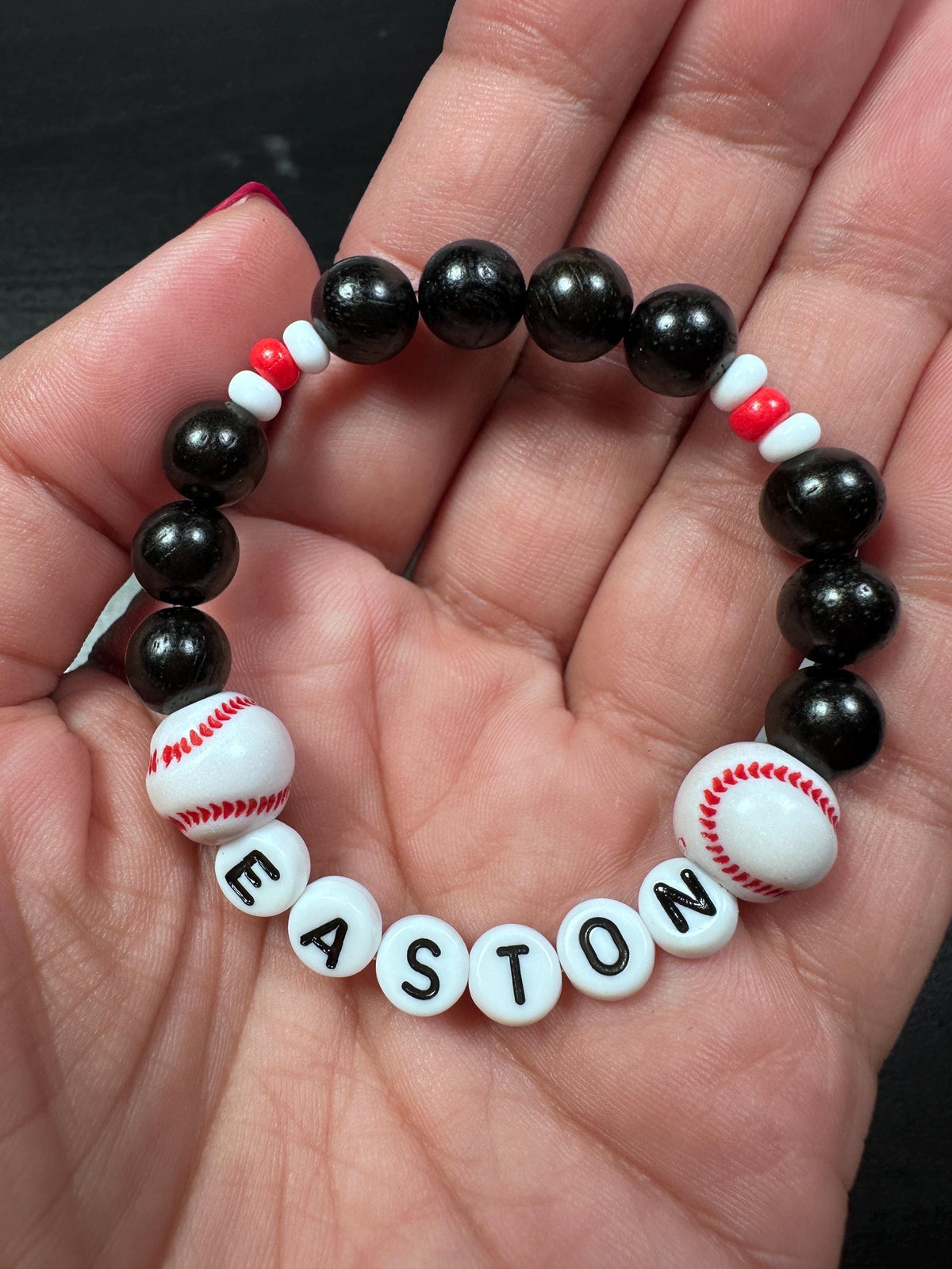 Personalized Baseball Bracelet for boys, Black Red White Beaded Name Bracelet, Baseball Gift for kids, Custom Sports Team Bracelet